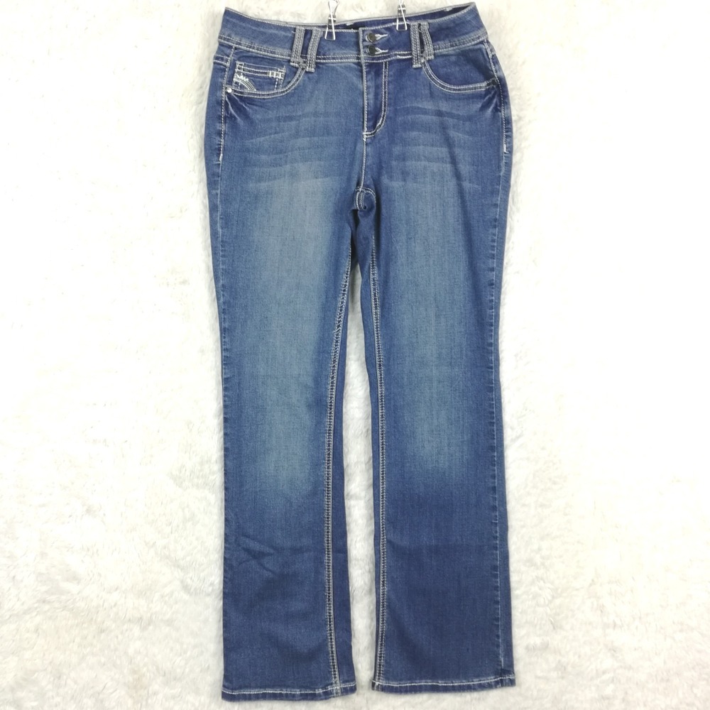 Earl Jean Womens Jeans Boot Cut Blue Denim Mid Rise Medium Wash Whiskering 10